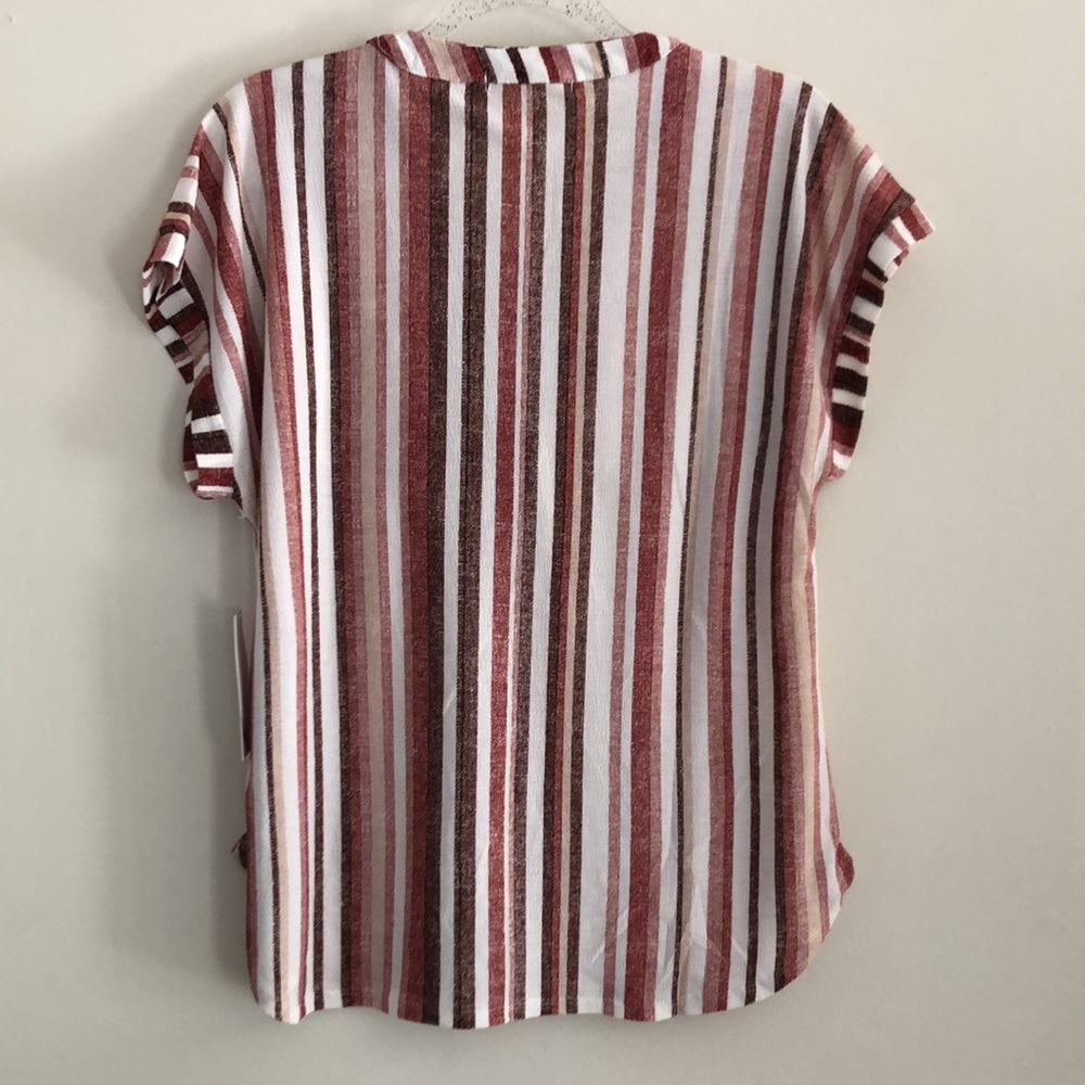 Striped Short-Sleeve V-Neck Blouse in Burgundy and White - Picture 6 of 11
